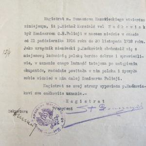 Pismo - opinia o Michale MArsfeldzie_Maćkowiaku przez tomaszowski magistrat, podpisane przez St. Gruszczyńskiego. 