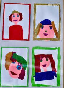 Rysunki z portretami kobiet wykonane przez dzieci.