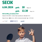 Plakat na wydarzenie "Secik" - turniej tenisa stołowego dla dzieci i młodzieży. Na plakcie uśmiechnięty chłopiec z rakietką oraz piłeczką tenisową.