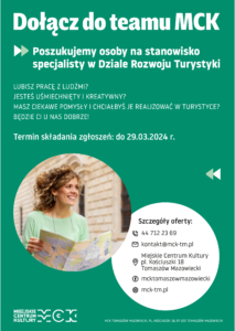 Plakat przedstawia ofertę pracy w Miejskim Centrum Kultury na stanowisko w Dziale Rozwoju Turystyki.