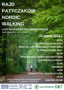 Plakat na wydarzenie "Rajd Patyczaków" Nordic Walking. Na zdjęciu gęsty las.