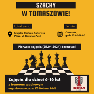 Plakat przedstawia informacje o nowych zajęciach szachowych dla dzieci.