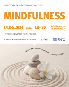 Plakat informacyjny o warsztatach mindfulness.