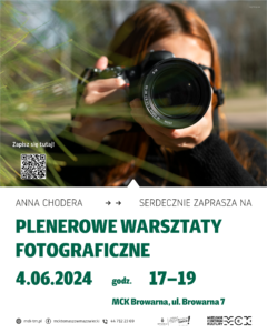 Plakat przedstawia informację o warsztatach fotograficznych w Miejskim Centrum Kultury w Tomaszowie Mazowieckim.