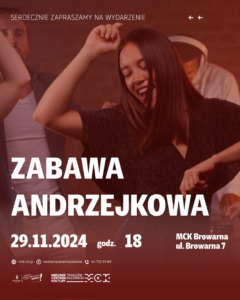 Plakat przedstawia informacje dotyczące zabawy andrzejkowej dla dorołych.