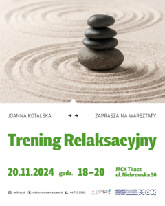 Plakat informujący o treningu relaksacyjnym z psychologiem. 