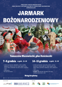 Jarmark Bożonarodzeniowy, 7-8 i 14-15 grudnia 2024 w godz. 11-18, pl. Kościuszki, Tomaszów Mazowiecki. Grafika zaprasza na wydarzenie. Ilustracja - świąteczne wyroby ceramiczne, bałwan, krasnal, choinki. 